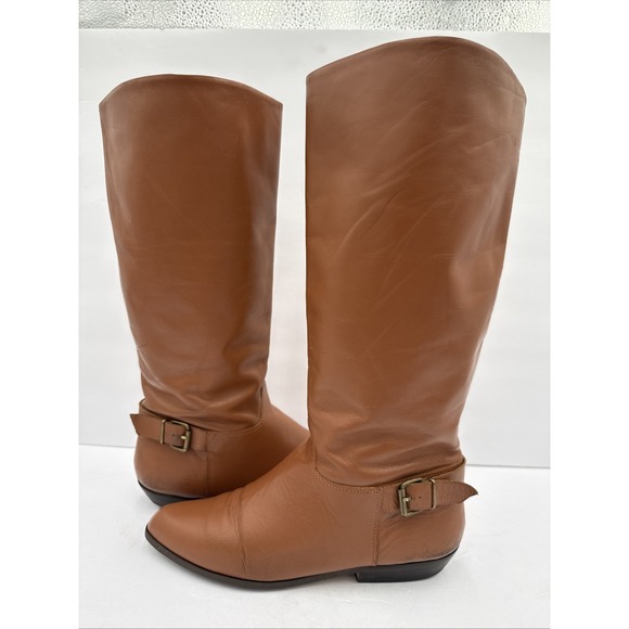 The Unbranded Brand Shoes - Vtg 80s  Brown Camel Leather Slouch Boots Flat Heel Under Knee Size 8 1/2